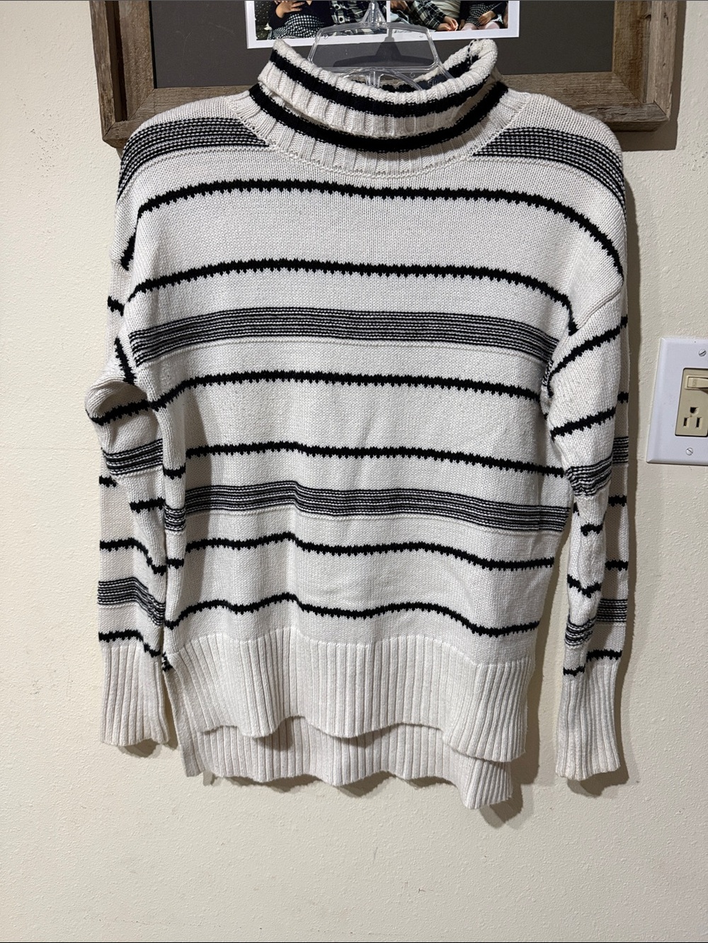 LOFT Striped Turtleneck Knit Oversized Sweater Ivory Black Cotton Blend